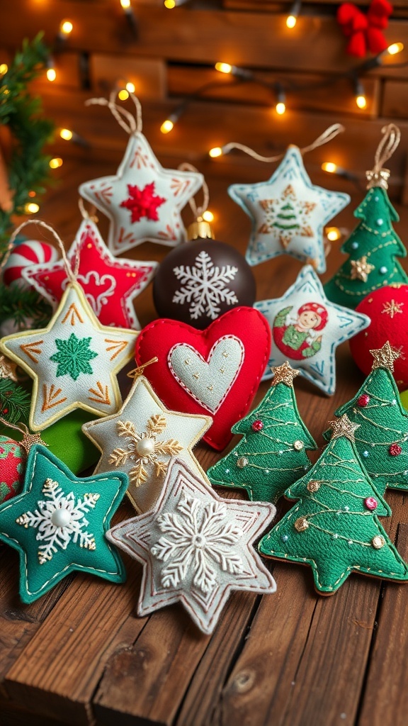 Handmade Christmas ornaments in different shapes and colors on a wooden table with fairy lights.